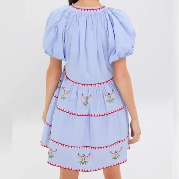 NWT Hyacinth House - S - Blue Pinstripe Embroidered V-Neck Lillian Mini Dress - Picture 3 of 8